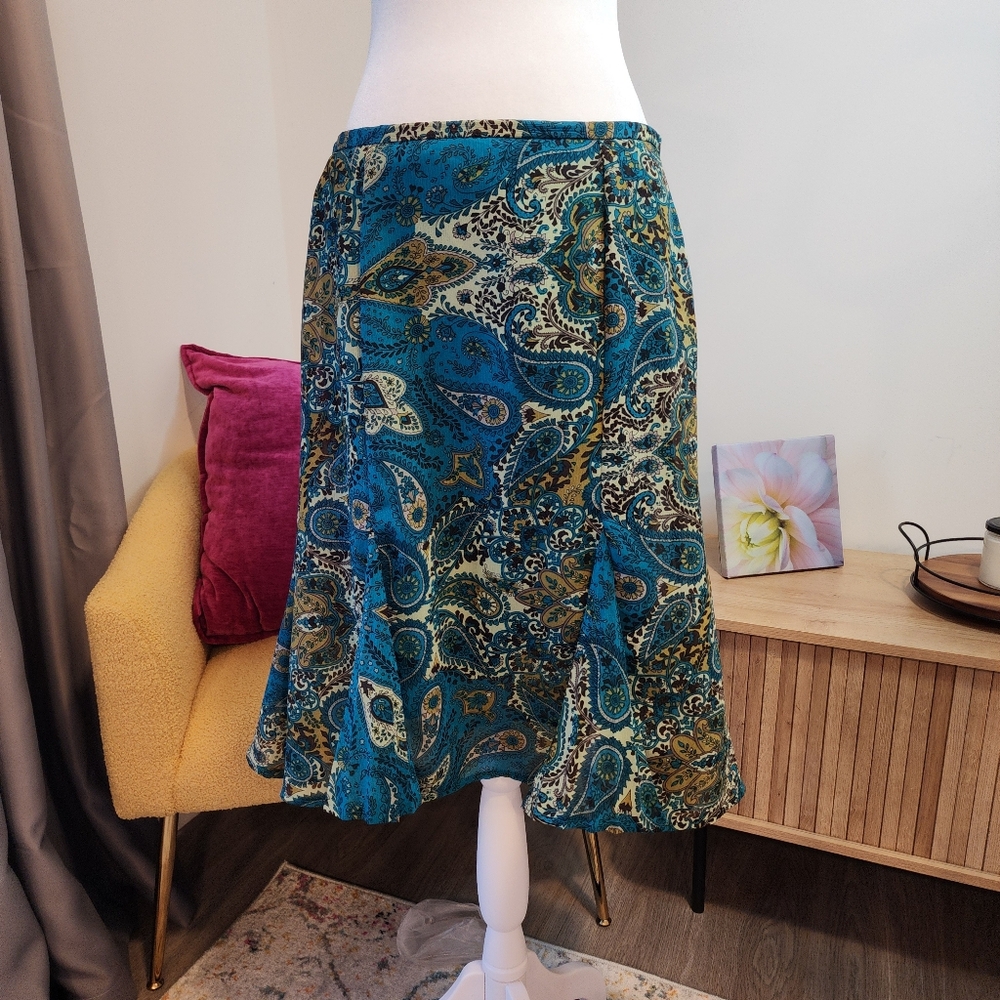 Vintage Teal/Brown Paisley Midi Skirt Women's 12P Lined Handkerchief Hem details